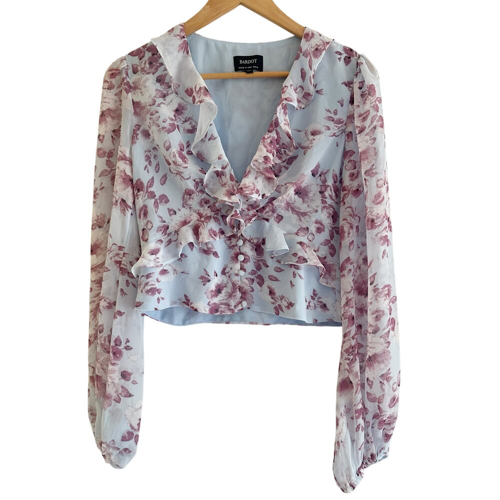 Bardot Nelly Ruffled Sky Blue Floral Print Top Blouse Shirt Boho Fairy Size 6